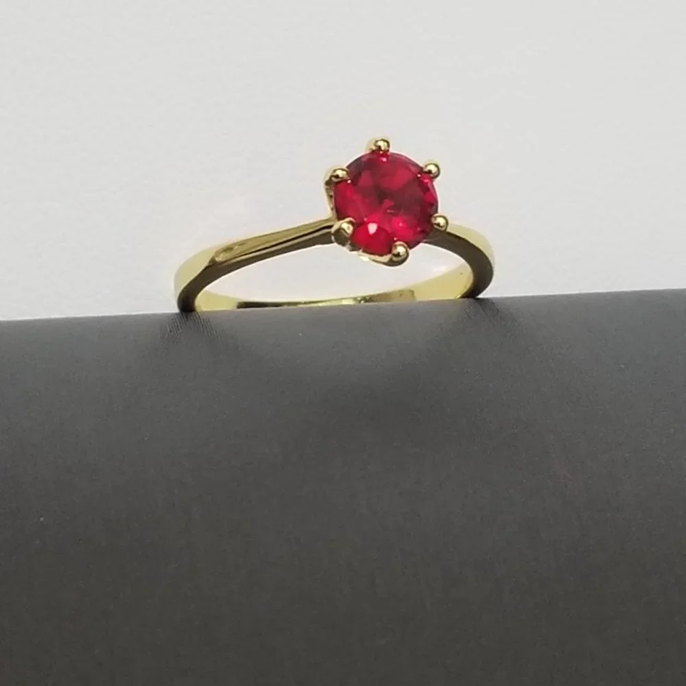 Poppy Engagement Ring 1k CZ Solitaire - Ruby Red on Yellow Gold - Picture 9 of 11